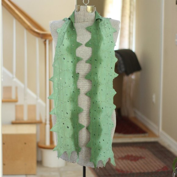 Two Toned Perforated Green Zig Zag Scalloped Scarf - Picture 1 of 3